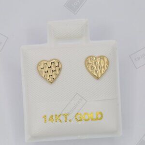 14K Solid Gold Faceted Heart Stud Earrings • 6mm Textured Romantic Design